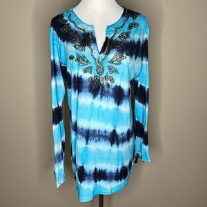 La Moda Hindu womens long sleeved beaded blouse tie dye blue size L/XL.